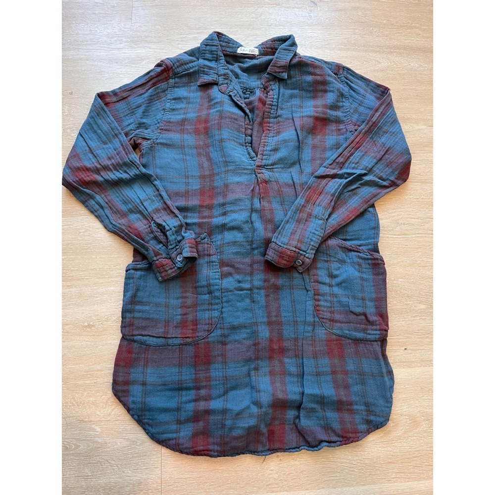 Free People x CP Shades Tunic Shirt Women S‎ Blue Red Plaid Teton Double Gauze